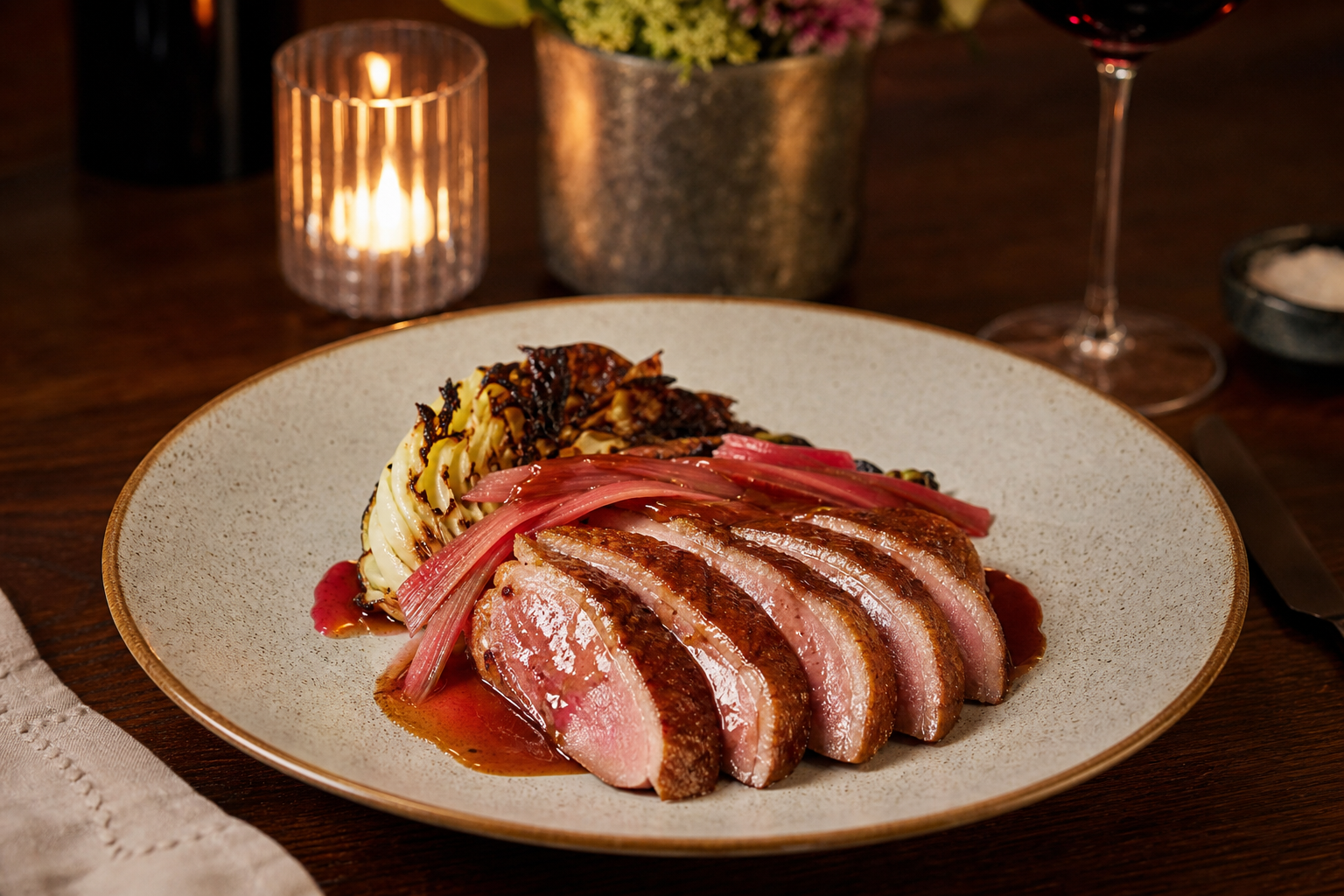 Private dinner course plated in a home kitchen, mid-service