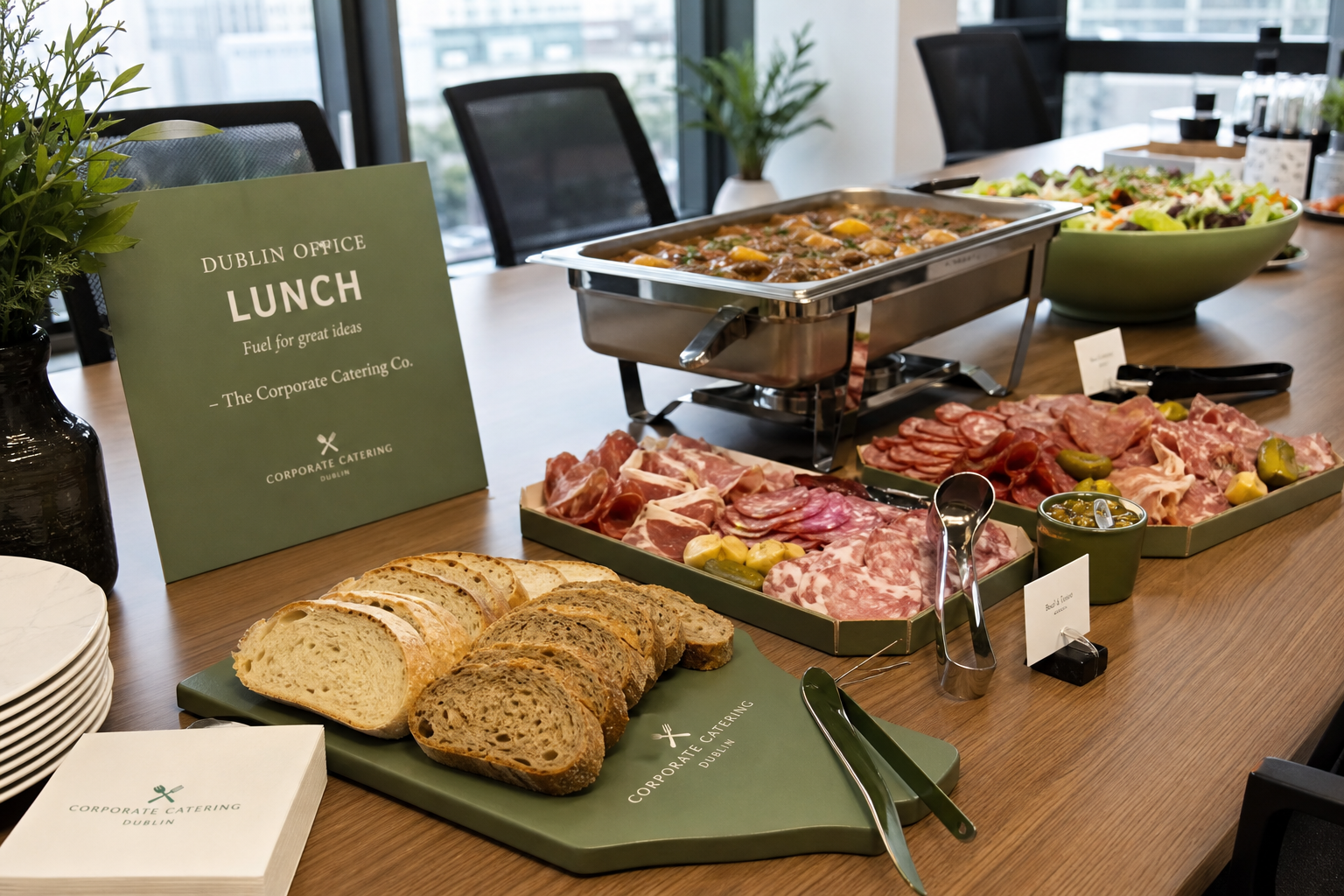 Corporate lunch platters set up on a boardroom credenza — two hot trays, a green salad, a sweet tray with pastries, cutlery rolled in linen napkins